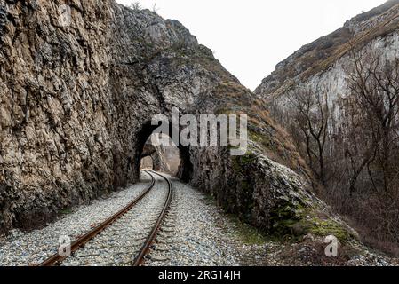 Alte Eisenbahn durch kurze Tunnel in malerischer ländlicher Landschaft Stockfoto