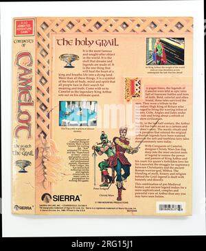 Eroberungen von Camelot: Die Suche nach dem Gral; Rückseite der Spielbox, illustrierter Beleg - IBM & PC MS-DOS Spiele aus Sierra Stockfoto