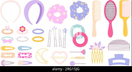 Haarspangen- und Haarnadelset, Haarspangen-Clipart. Ansteckmädchen Accessoires, Stylist Friseurutensilien und Clips. Weiblicher Stirnband-Razzien-Vektor Stock Vektor