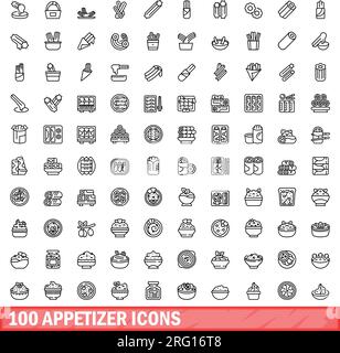 100 Ikonen für Vorspeisen. Umrissdarstellung von 100 Symbolen für Vorspeisen, Vektorsatz isoliert auf weißem Hintergrund Stock Vektor