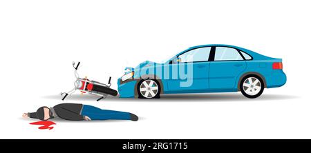 Unfall. Ein blaues Auto stürzte in einen Motorradfahrer. Vektorabbildung. Stock Vektor
