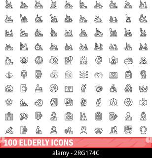100 ältere Ikonen. Gliederungsdarstellung von 100 älteren Symbolen, Vektorsatz isoliert auf weißem Hintergrund Stock Vektor