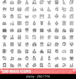 100 Mädchen-Symbole eingestellt. Gliederungsdarstellung von 100 Maid-Symbolen, Vektorsatz isoliert auf weißem Hintergrund Stock Vektor
