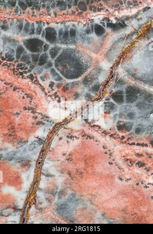 Makrofotografie der Details eines Stücks von Birds Eye Rhyolite, einem Felsen vulkanischen Ursprungs Stockfoto