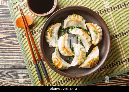 Original japanische Knödel Gyoza mit Gemüse auf dem Teller auf dem Tisch. Horizontale Draufsicht von oben Stockfoto