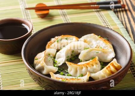 Gyoza oder japanische Knödel mit Sojasauce auf dem Teller auf dem Tisch. Horizontal Stockfoto