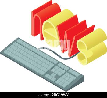 Isometrischer Vektor des Symbols "News Concept". Mit dem Tastatursymbol verbundene Nachrichtenaufschrift. Medien, Journalismus Stock Vektor