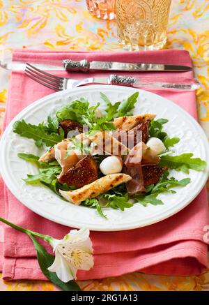 Geflügelsalat mit gewürzten Feigen und Mozzarella Stockfoto