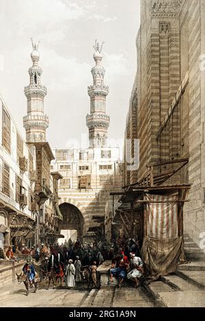 Minarette und großer Eingang der Metwaleys in Kairo Illustration von David Roberts. Original aus der New York Public Library. Stockfoto
