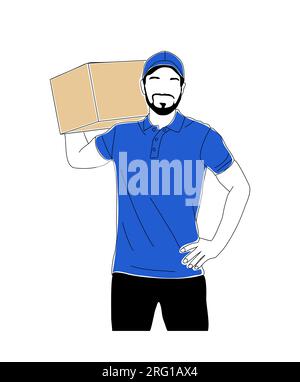 Der Liefermann hält die Box auf Schultervektor. Stock Vektor