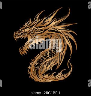 Japanischer Drache zieht Gold auf schwarze Linien. Stock Vektor