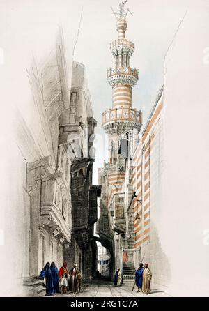 Das Minarett der Moschee, die Illustration des Rhamree von David Roberts. Original aus der New York Public Library. Stockfoto