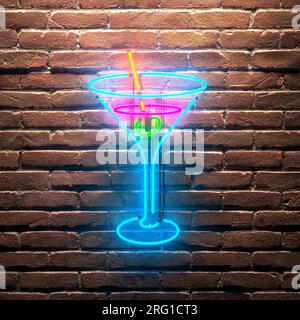 Neon in Form eines Getränks. Glänzende Dekoration für Nachtclub, Pub oder Bar. Party-Zeit Stockfoto