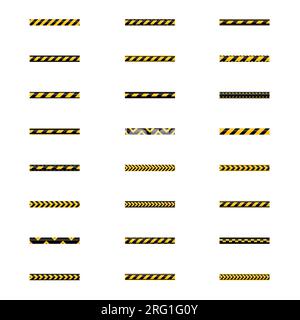 Satz nahtloser gelber und schwarzer Warnbänder. Isoliert auf weißem Hintergrund. Designelemente für Rekonstruktion, Vektordarstellung. Stock Vektor
