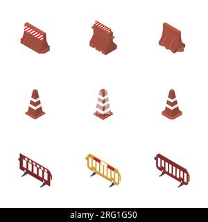 Konstruktionselemente im Aufbau. Verschiedene Schilder für Straßenreparaturen, isoliert auf weißem Hintergrund. Flacher isometrischer Stil, 3D-Vektordarstellung. Stock Vektor