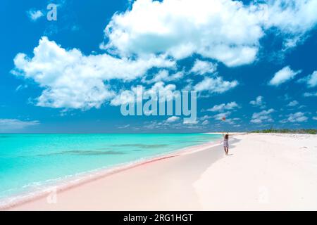 Rückansicht einer fröhlichen Frau am rosa Sandstrand in der Karibik Stockfoto