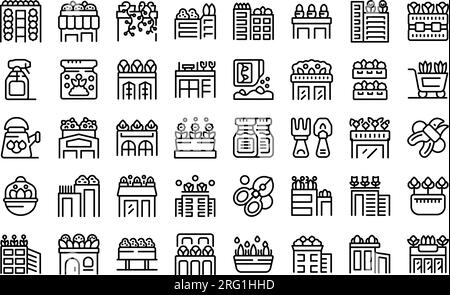 Dachgärtnersymbole legen den Umrissvektor fest. Hausbüro. Heim-Dach Stock Vektor