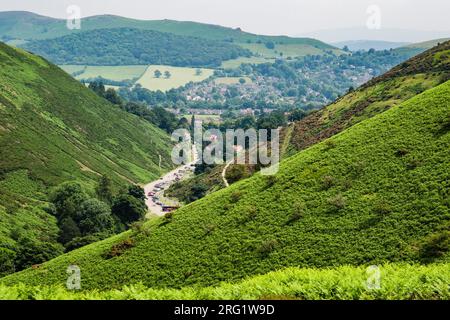 Bracken bedeckte Hügel auf Long Mynd über dem Carding Mill Valley mit Church Stretton dahinter. Shropshire, England, Großbritannien, Großbritannien Stockfoto