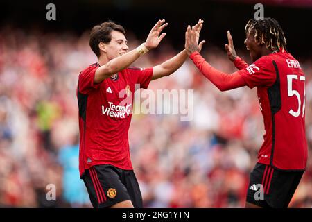 Dublin, Irland, 6. August 2023, Facundo Pellibri von Manchester United reagiert, nachdem es während des vorsaisonalen freundlichen Fußballspiels zwischen Manchester United und Athletic Club am 6. August 2023 im Aviva Stadium in Dublin, Irland, ein Tor geschossen hat Stockfoto