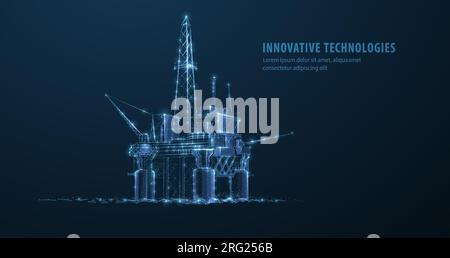 Bohrinsel. Abstract 3D schwimmende Plattform isoliert auf blau. Gasplattform, Offshore-Bohrungen, Raffinerieanlage, Erdölindustrie Stock Vektor