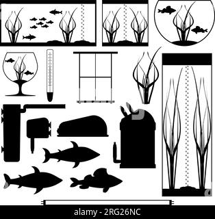 Ausrüstung für das Aquarium. Silhouetten unter Wasser Vektorelemente mit Fischen Pflanzen Steine Seetang. Aquarien verschiedener Formen. Isoliert auf weißem Ba Stock Vektor