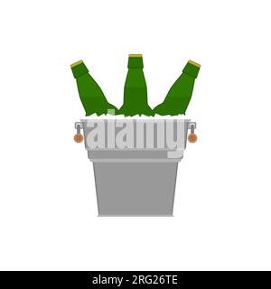 Glasflaschen Bier in einem Metalleimer mit Eiswürfeln. Vektordarstellung, Clipart. Stock Vektor