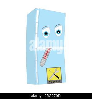 Ein kaputter Kühlschrank, der repariert werden muss. Mit einem Thermometer im Mund. Schild mit Textreparatur. Zeichentrickfigur auf weißem Hintergrund. Stock Vektor