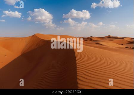 Eine Wüstenlandschaft aus windgeformten und gewellten Sanddünen. Wahiba Sands, Oman. Stockfoto