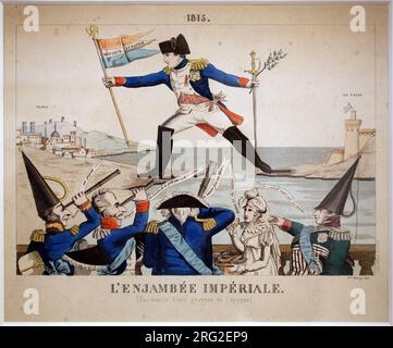L'enjambee imperiale, 1815. Caricature sur le retour de Napoleon Bonaparte (1759-1821) de son Exil sur l'ile d'Elbe, il est represente enjambant la mer entre l'ile et le Continent, brandissant un drapeau francais surmonte de l'aigle Imperial et Marque 'Honneur et patrie', autre ant son dans epee et unbranche. Il est See au Premier Plan par plusieurs personnages royalistes, une femme et des officiers militaires qui font leurs commentaires. FAC Smile en Couleurs d'une Gravure de l'Epoque, Debüt 19e Siecle Stockfoto