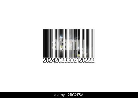 Strichcode aus Zeilen und Nummern und ein Vorhängeschloss im Code auf weißem Hintergrund, Warencode, Geschäft und Verkauf Stockfoto