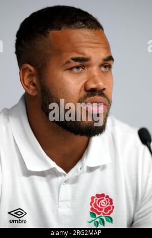 Englands Ollie Lawrence während einer Squad-Ankündigung für die Rugby-Weltmeisterschaft 2023 im Twickenham Stadium, London. Foto: Montag, 7. August 2023. Stockfoto