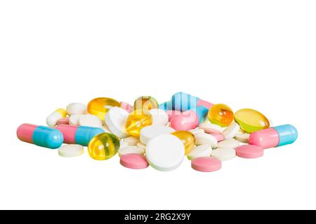 Viele verschiedene bunte Medikamente und Pillen perspektivische Ansicht. Satz von vielen Pillen auf farbigem Hintergrund. Stockfoto
