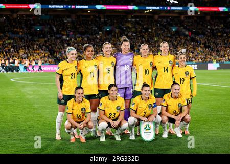 Sydney, Australien, 7. August 2023. Foto der australischen Mannschaft während der Frauenweltmeisterschaft 16 im Fußballspiel zwischen den Australia Matildas und Dänemark am 07. August 2023 im Stadium Australia in Sydney, Australien. Kredit: Damian Briggs/Speed Media/Alamy Live News Stockfoto