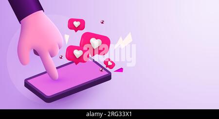 Niedlicher Cartoon Hand-Touch-Smartphone mit „Gefällt mir“-Benachrichtigungssymbolen. Social Media- und Marketingkonzept. Vektordarstellung Stock Vektor