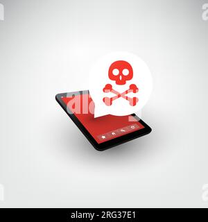 Warnung vor Malware-Infektion – Sprechblase auf Tablet-PC oder Mobiltelefon – Virus, Backdoor, Ransomware, Betrug, Spam, Phishing, E-Mail-Betrug, Hacker-Angriff – Stock Vektor