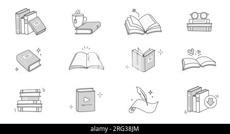 Symbolgruppe für Buchzeilen-Doodle. Handgezeichnete Skizzen, Zeichensymbole, Tagebuch. Offene Bibliothek, Lesen, Doodle-Konzept-Symbol für Schulbildung. Blaue Stiftlinie. Vektordarstellung. Stock Vektor
