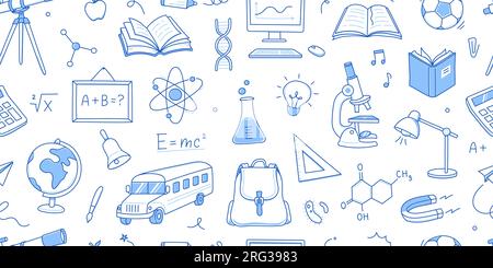 Zurück zur Schule nahtloses Muster-Doodle. Von Hand gezeichnete Linien zeichnen im Stil einer Zeichnung, die sich bis in den Schulhintergrund zurückzieht. Handgezeichnetes Buch, Tasche, Globus-Bildungselemente Hintergrund. Vektordarstellung. Stock Vektor