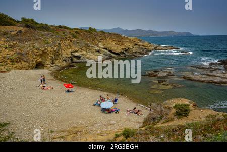 Strand Platja d'en Robert, in der Nähe der Stadt Port de la Selva, nördlich des Kaps Cap de Creus und der Küste der Costa Brava, Alt Empordà Girona, Katalonien Spanien Stockfoto