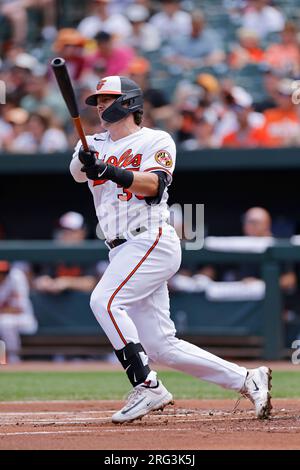 BALTIMORE, MD - 06. AUGUST: Baltimore Orioles ernannte Hitter Adley Rutschman (35) Bats während des Spiels gegen die New York Mets am 6. August 2023 im Oriole Park in Camden Yards. (Joe Robbins/Image of Sport) Stockfoto