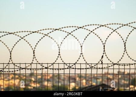 Schließen Sie die Stachelrasierrasierdrahtschranke vor Häusern und blauem Himmel. Metaphorischer Stacheldraht ist wie Grenzen und Hindernisse im Gehirn. Stockfoto