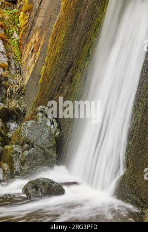 Ein Wasserfall stürzt auf einer senkrechten Klippe an der Küste von Speke's Mill Mouth in der Nähe des Hartland Quay, der Atlantikküste von Devon, Großbritannien, ab. Stockfoto