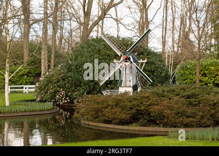 Landschaft des Feldes der Windmühle am Kanal in der Gartenanlage Keukenhof in Lisse Holland, Niederlande Stockfoto