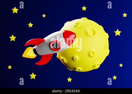 Süße Rakete, die vor dem gelben Planeten oder Mond fliegt. 3D-Rendering im Cartoon-Stil Stockfoto