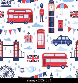 Londoner Wahrzeichen, nahtloses Muster. Vektorgrafik. Nationale Symbole Großbritanniens auf weißem Hintergrund. Reise- und Tourismusmode Stock Vektor