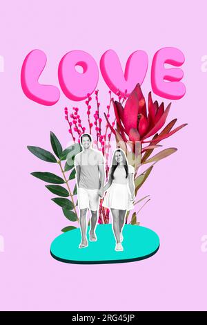 Vertikales Collagenbild von zwei kleinen schwarzen weißen Partnern, die die Arme halten, die große Blumenliebe isoliert auf pinkfarbenem Hintergrund laufen Stockfoto