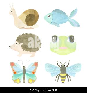Süßes Aquarell aus Insekten und Tieren, die in Stauseen leben - Schmetterling, Biene, Frosch, Schnecke, Igel und Fische, isoliert auf weißem Hintergrund. Illu Stockfoto