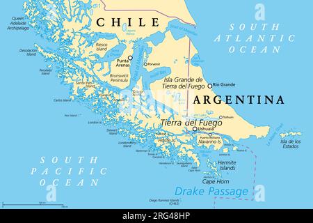 Tierra del Fuego, politische Karte. Inselgruppe und südlichste Spitze Südamerikas, über die Magellanstraße, aufgeteilt zwischen Chile und Argentinien. Stockfoto