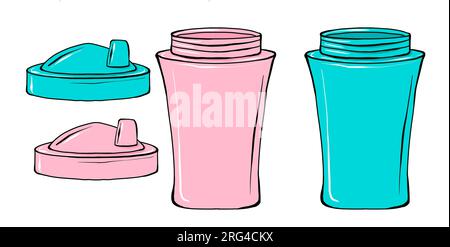 Schüttelset für Sporternährung. Handgezeichnete Abbildung auf weißem Hintergrund Stockfoto