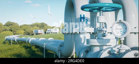 Eine Wasserstoffleitung zu Häusern, die den Wandel des Energiesektors hin zu sauberen, CO2-neutralen, sicheren und unabhängigen Energiequellen veranschaulicht Stockfoto