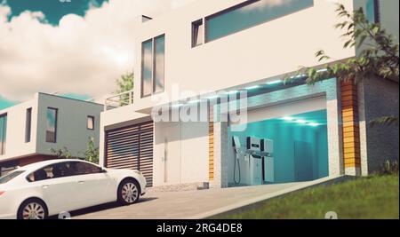 Ein Konzept für ein Heim-Batteriesystem zur Speicherung von Solarenergie und zur Versorgung von Elektrofahrzeugen. Ein modernes Haus mit einer offenen Garage und einem Auto im Nachhinein Stockfoto